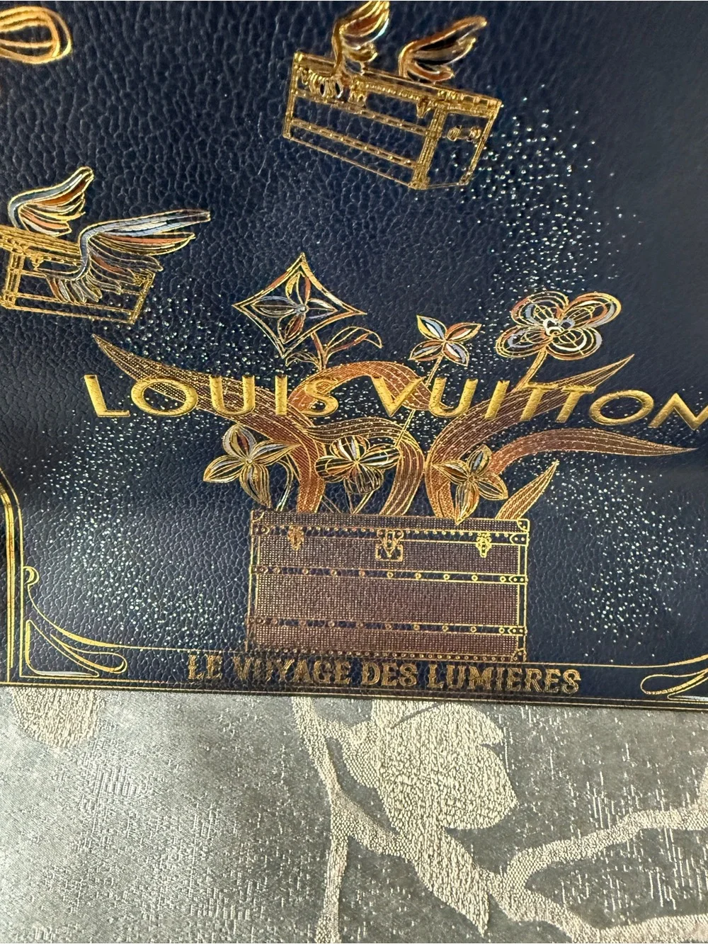 Authentic Louis Vuitton Navy & Gold Decorative Gift Bag with Rope Handles.